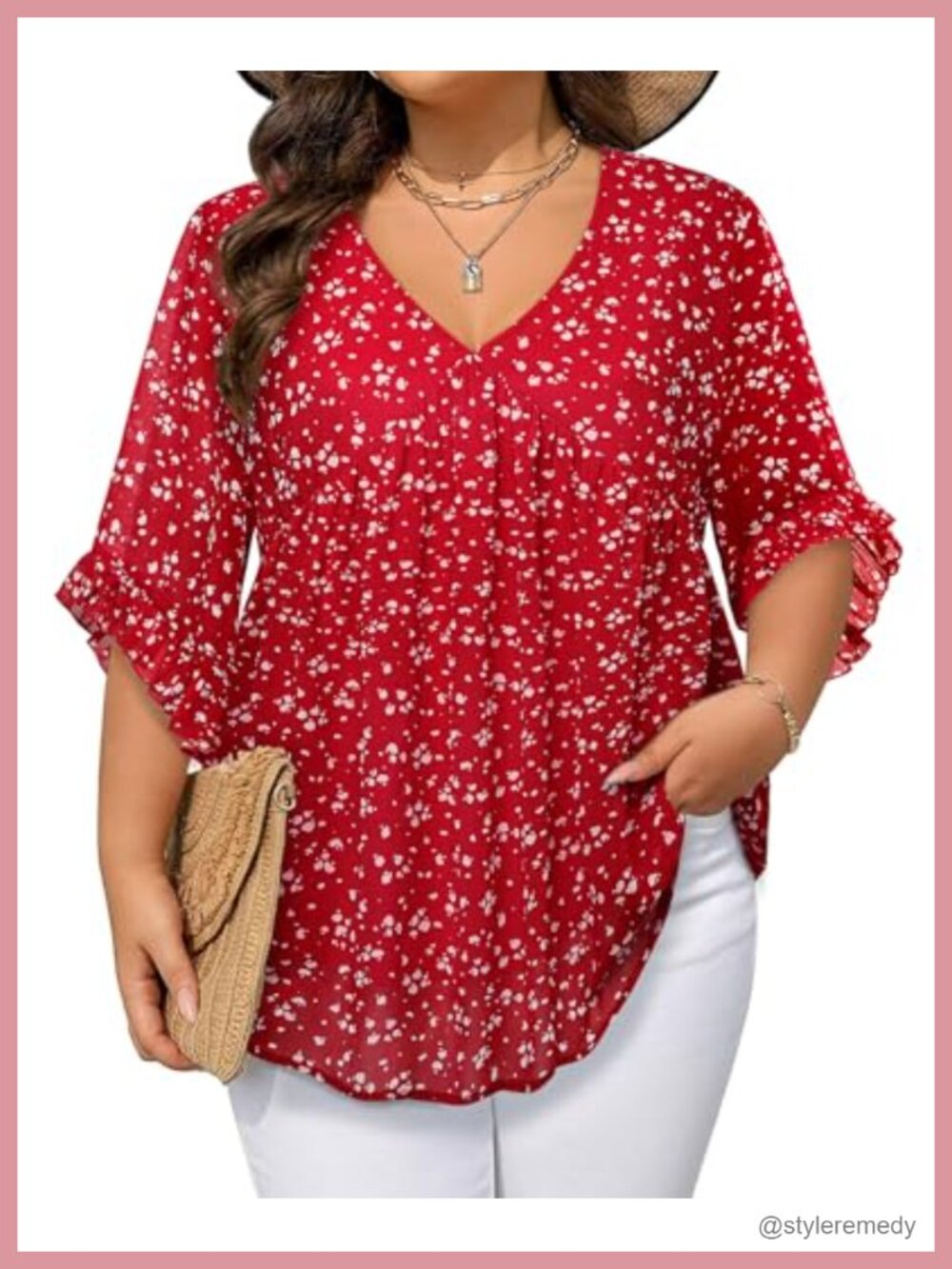 Women's Plus Size Chiffon Tunic Top 3/4 Ruffle Sleeve V-Neck Babydoll Blouse